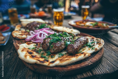 Kebab kofta meat with naan bread and beer