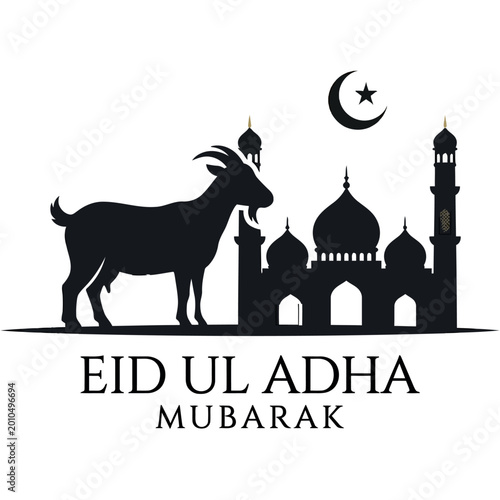 Tableau sur toile Black silhouette vector illustration for Eid al-Adha, featuring a mosque with cr