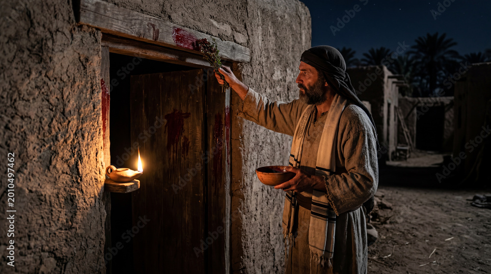 Fototapeta premium A biblical man using a bunch of hyssop to painting blood of passover lamb on door post. 