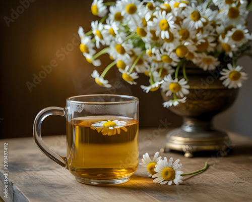 Hot chamomile tea in a glass mug with fresh flowers on a wooden table