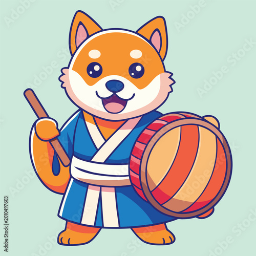 Cute Cartoon Shiba Inu Dog Drummer Character Playing Taiko Drum