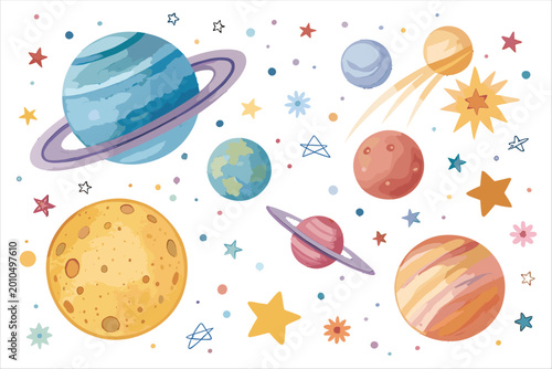 watercolor illustration  planet background vector collection seamless, vector, decoration, art, flower, fruit, leaf, summer, colorful, circle, cartoon, floral
