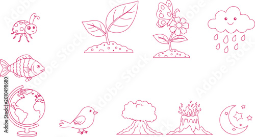 Foto Colorful line drawing illustrations of nature elements and weather phenomena iso