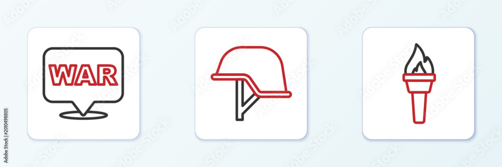 Fototapeta premium Set line Torch flame, The word war and Military helmet icon. Vector