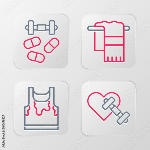 Photos Set line Dumbbell with heart, Sweaty sleeveless t-shirt, Towel on hanger and Sports doping dumbbell icon