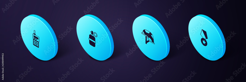 Fototapeta premium Set Isometric Military reward medal, helmet, Hand grenade and Walkie talkie icon. Vector