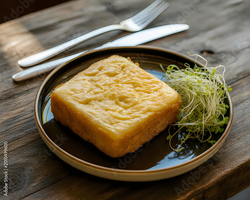 Gourmet toasted cheese sandwich served with fresh sprouts on a wooden table