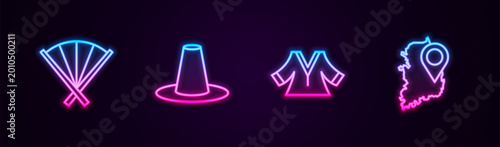 Set line Traditional fan, Korean hat, Kimono and South map. Glowing neon icon. Vector