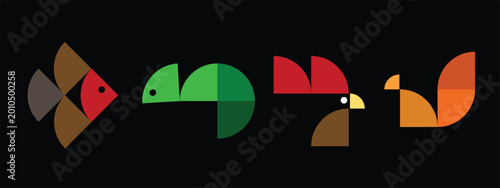 Creative abstract geometric animal illustration featuring a stylized fish, chameleon, rooster, and squirrel designed with colorful flat geometric shapes. Modern minimalist vector-inspired artwork suit