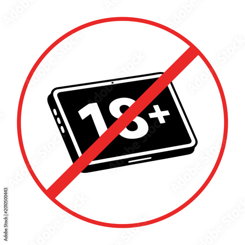 Warning sign : 18+content,Silhouette Illustration.