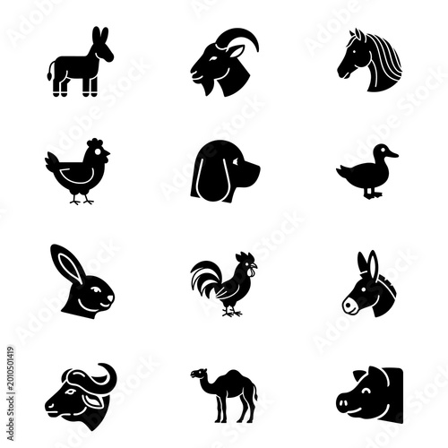 Farm Animal Side Face Solid Icons Set, Filled Animal Head Vector Collection