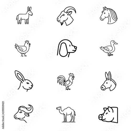 Farm Animal Side Face Line Icons Set, Minimal Animal Head Outline Vector Collection