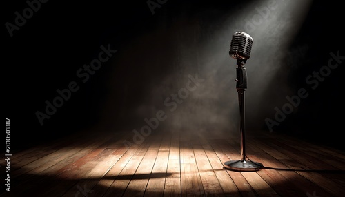 Vintage microphone on a wooden stage illuminated by a spotlight with smoke.