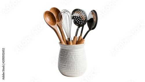 Wooden spoons and metal utensils in a textured ceramic crock, isolated on transparent background