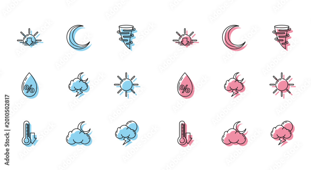 Fototapeta premium Set line Thermometer, Cloud with moon and stars, Sunset, Storm, Water drop percentage and Moon icon. Vector