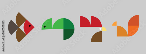 Creative abstract geometric animal illustration featuring a stylized fish, chameleon, rooster, and squirrel designed with colorful flat geometric shapes. Modern minimalist vector-inspired artwork suit