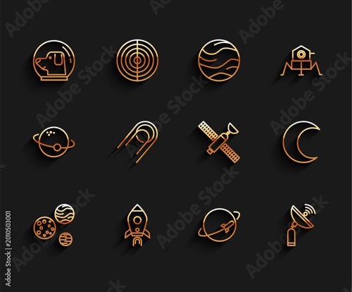 Canvastavla Set line Planet, Rocket ship with fire, Dog in astronaut helmet, Radar, Satellite, Moon and stars and icon