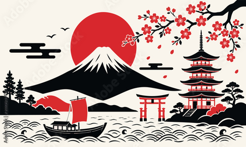 Bild auf Leinwand Japanese Landscape Vector Illustration Featuring Mount Fuji, Pagoda, Torii Gate,