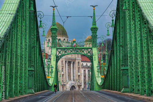 Stunning panoramic view through a vibrant green historic truss bridge in Budapest Hungary. Iconic Hungarian cityscape and architecture backdrop for travel or lifestyle photography.