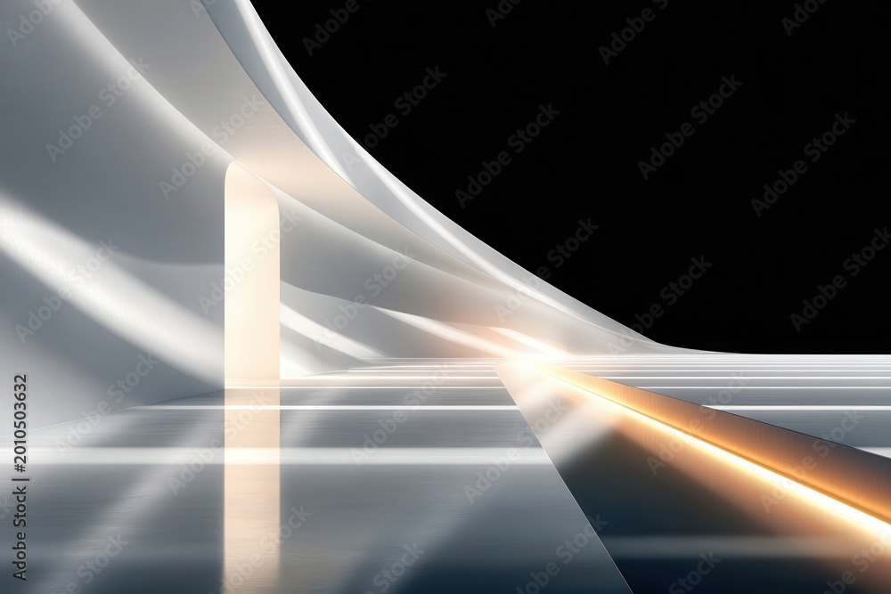 Fototapeta premium Futuristic minimal architecture with dramatic light beam and glossy reflective floor in abstract space