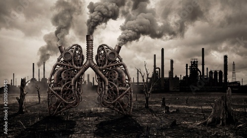 Futuristic warning industrial factories form smoke-spewing human lungs, symbolizing air pollution's devastating health and environmental impact for generations