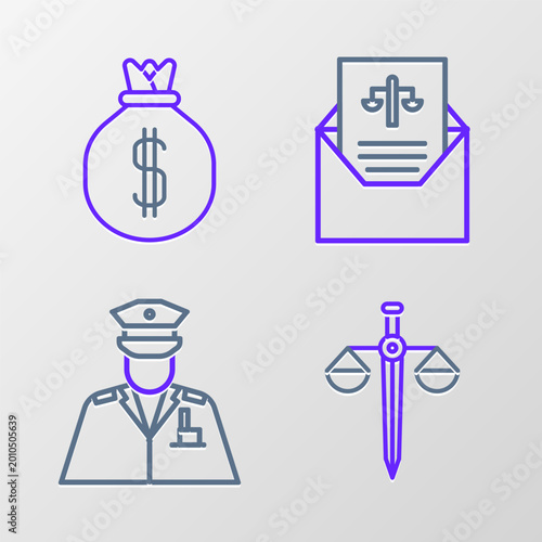 Photos Set line Scales of justice, Police officer, Subpoena and Money bag icon