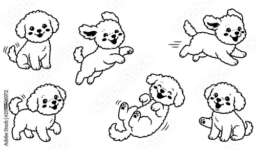 Cute bichon frise puppies collection with playful poses cartoon dog vector illustration isolated on white background