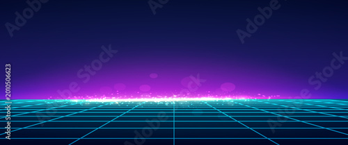Cyberpunk neon grid background with 3D 80s retro purple patterns and vibrant lights. Synthwave floor texture and Tron laser effects for virtual arcade spaces. Digital polygon mesh or bright topograph.