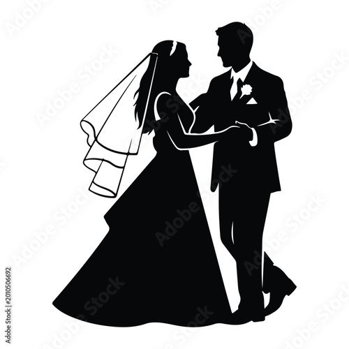Silhouette of a bride and groom dancing, wedding couple in black silhouette