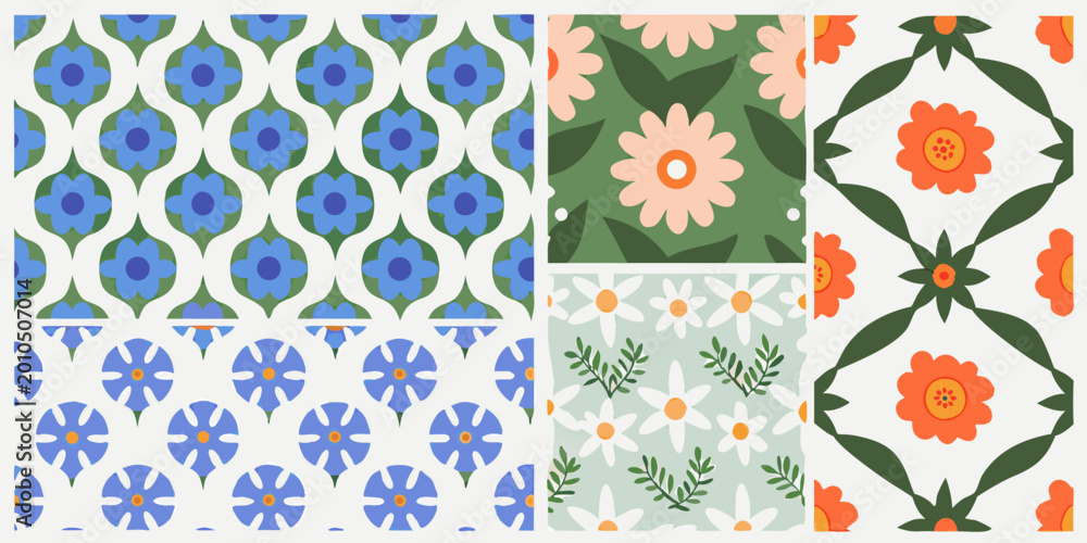 Obraz premium Floral pattern swatches four different retro flower designs