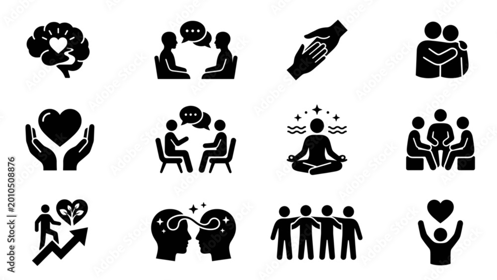 Fototapeta premium Mental Health Support Black Silhouette Icon Set Therapist Patient Trust Minimal Vector Pack