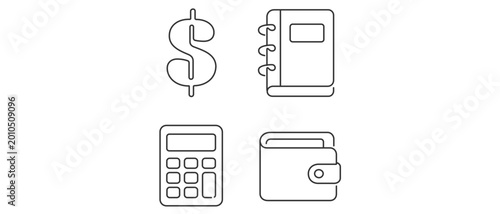 Comprehensive vector icon set for project budget tracking and financial management featuring a collection of 4 icons with a dollar sign ledger book electronic calculator and leather wallet symbols.
