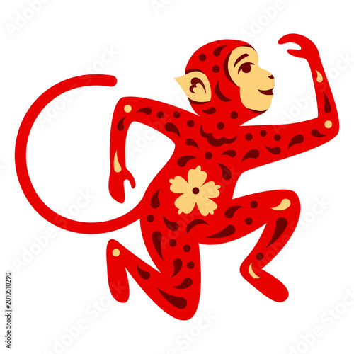 Canvas Print Playful red monkey illustration with floral accents