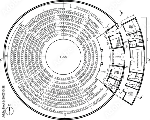 Εκτύπωση καμβά Detailed circular theater auditorium seating floor plan blueprint architectural