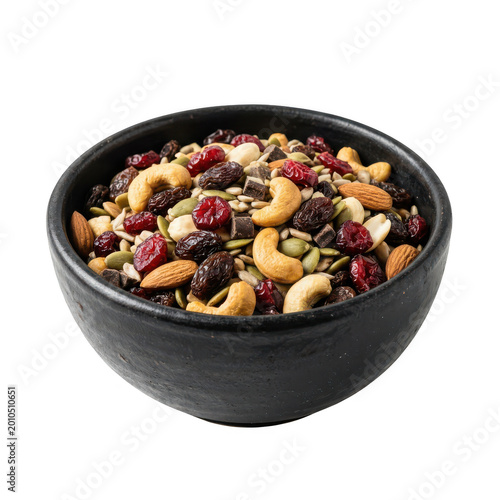 Black ceramic bowl filled with mixed nuts and seeds isolated on transparent