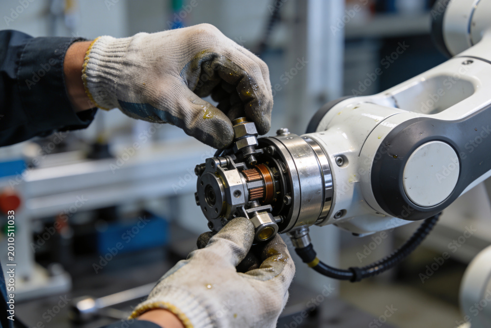 Foto Technician in gloves carefully assembling a complex robotic arm joint with tools