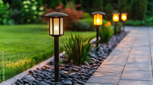 Serene outdoor scene featuring modern black garden lights with textured glass casting a warm amber glow along a landscaped pathway bordered by dark stones and lush green grass as twilight descends