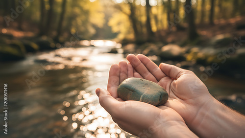 Hands gently holding a smooth stone in a tranquil forest stream at sunset, symbolizing peace and connection.