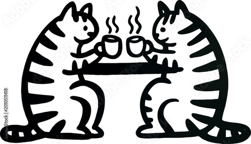 Two cats sit at table drinking coffee together sharing nice cozy moment.