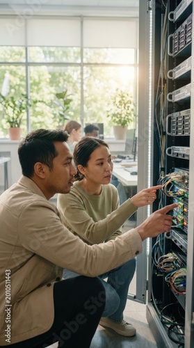 Asian IT professional and student check server in green office