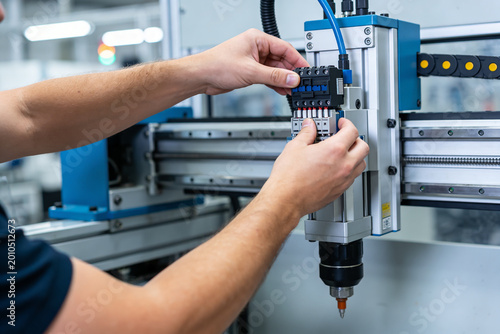 Quadro su tela Technician installing pneumatic solenoid valve manifold on industrial automation