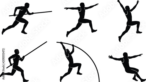 Bild auf Leinwand Professional Pole Vault Athlete Silhouette Vector Set Featuring Various Stages o