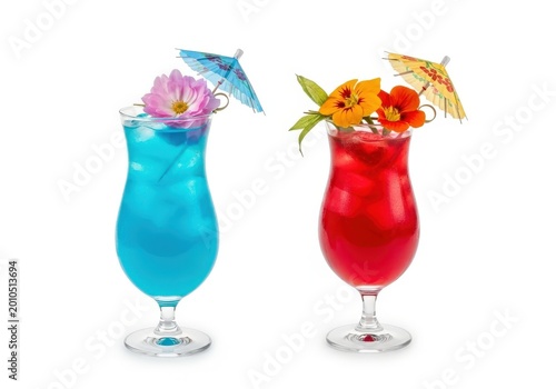 Two colorful tropical cocktails with garnished rims in tall glasses