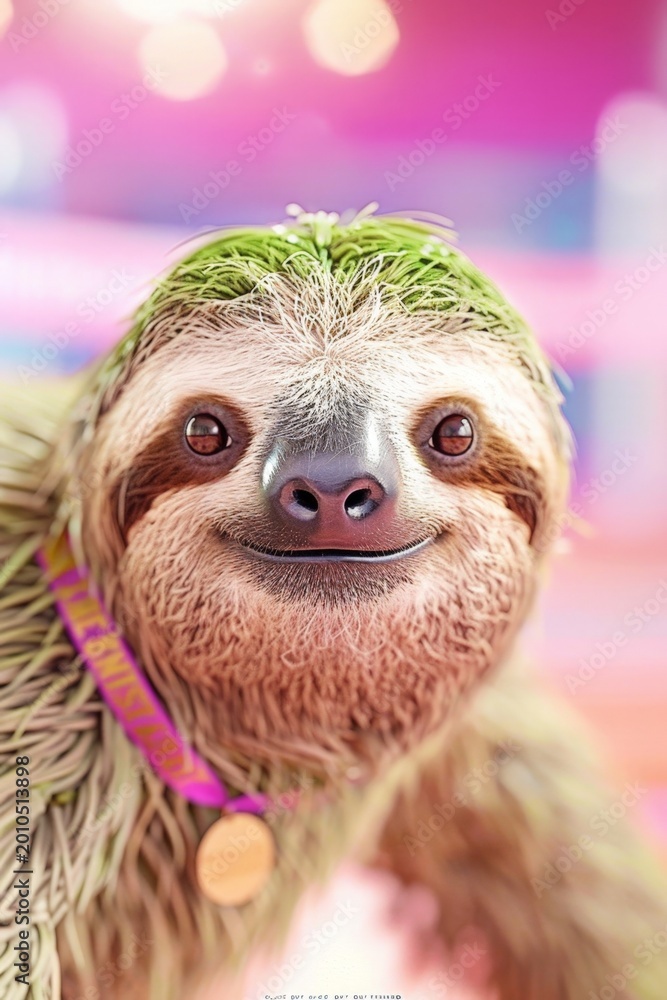 Obraz premium Close-up of a three-toed sloth smiling warmly. Its fur is covered in green moss, giving it a natural, wild look. The background is softly blurred with warm, colorful bokeh lights
