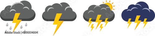 Thunderstorm and Lightning Weather Icon Set with Storm, Rain, Clouds, Thunder, and Severe Weather Illustrations for Vector Design Projects