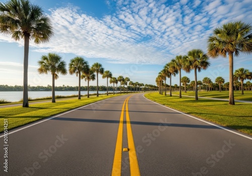 Serene roadway lined with tall palm trees and water view