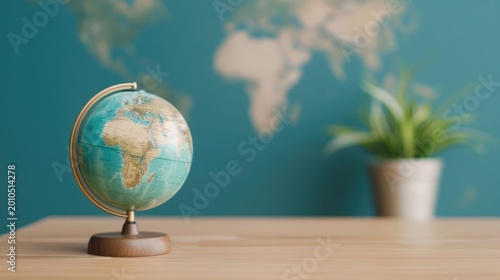 A minimalist composition featuring a vintage style globe and a green potted plant on a light wooden desk set against a teal wall with a subtle world map illust n and natural bright daylight