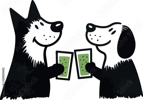 Two dogs clinking glasses of green drink on checkered background, friendship toast.