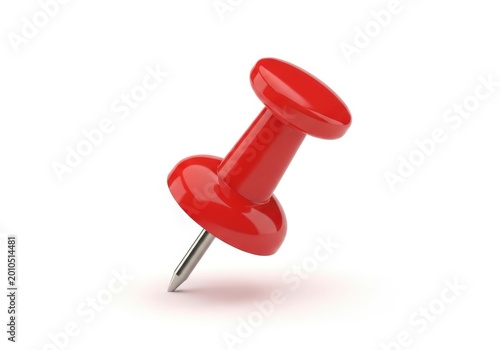 A bright red push pin standing upright on a plain background
