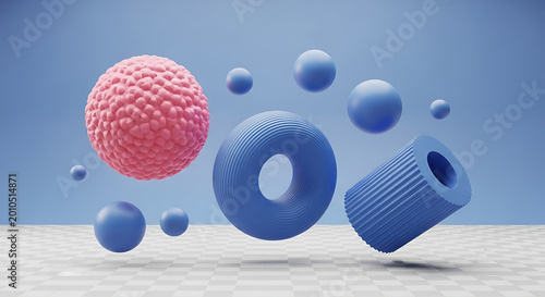 Assortment of abstract textured objects floating with textured surfaces geometric forms abstract art